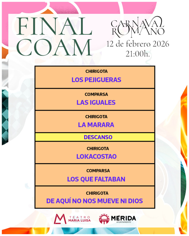 La chirigota Los Pejigueras abrirá la Gran Final del Concurso de Agrupaciones del Carnaval Romano 2026