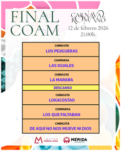 La chirigota Los Pejigueras abrirá la Gran Final del Concurso de Agrupaciones del Carnaval Romano 2026