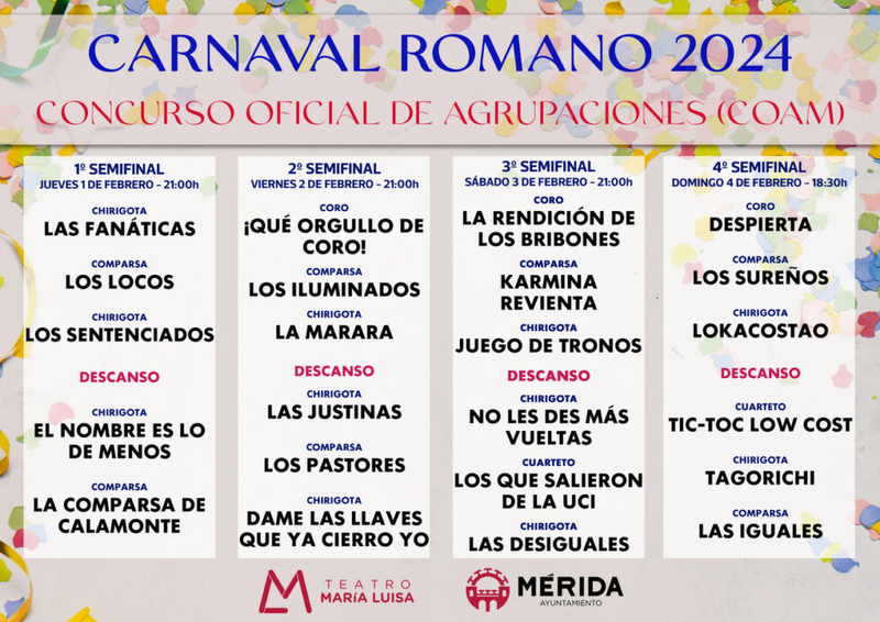 23 agrupaciones participan desde hoy en el Concurso de Agrupaciones del Carnaval Romano de Mérida, el más participativo de Extremadura